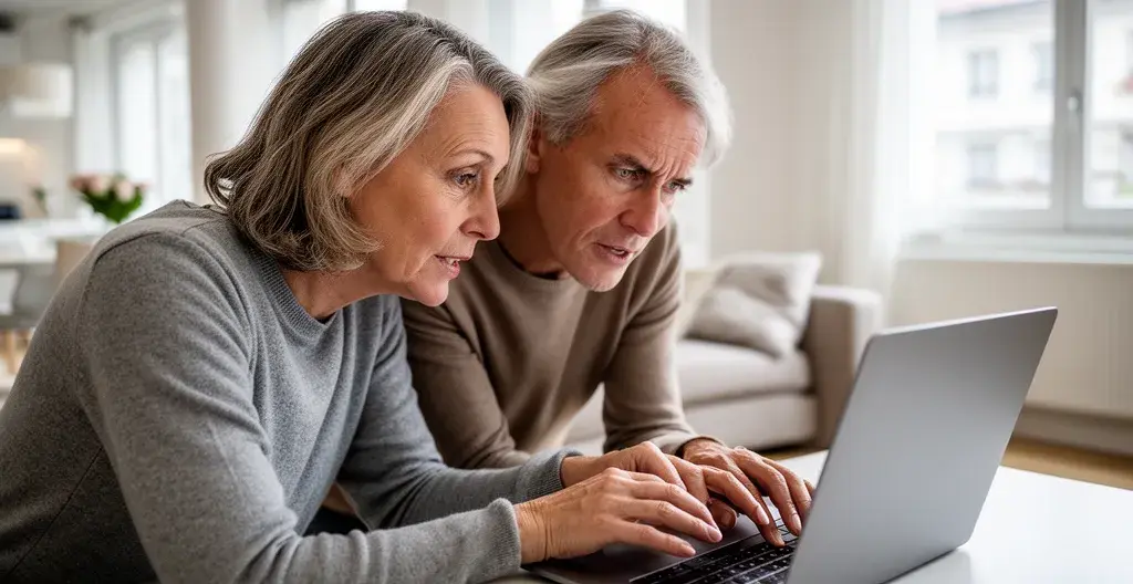 Couple consultant un comparateur d'agences immobilières sur ordinateur portable