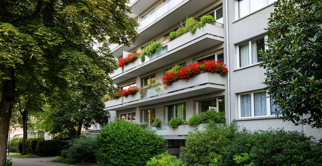 Façade d'immeuble résidentiel lausannois typique avec balcons