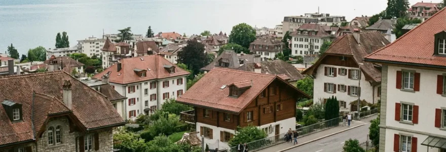 Vue panoramique de Lausanne avec immeubles résidentiels et lac Léman en arrière-plan