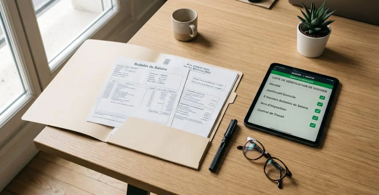 Vue de dessus d'une table de travail organisée avec un dossier de location ouvert, une loupe, un tampon vérifié et des documents administratifs parfaitement alignés