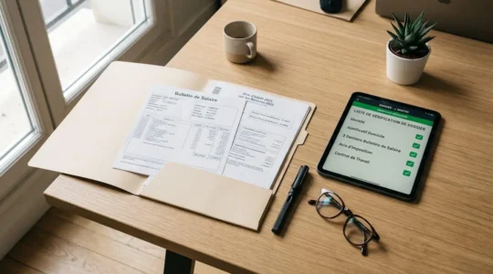 Vue de dessus d'une table de travail organisée avec un dossier de location ouvert, une loupe, un tampon vérifié et des documents administratifs parfaitement alignés